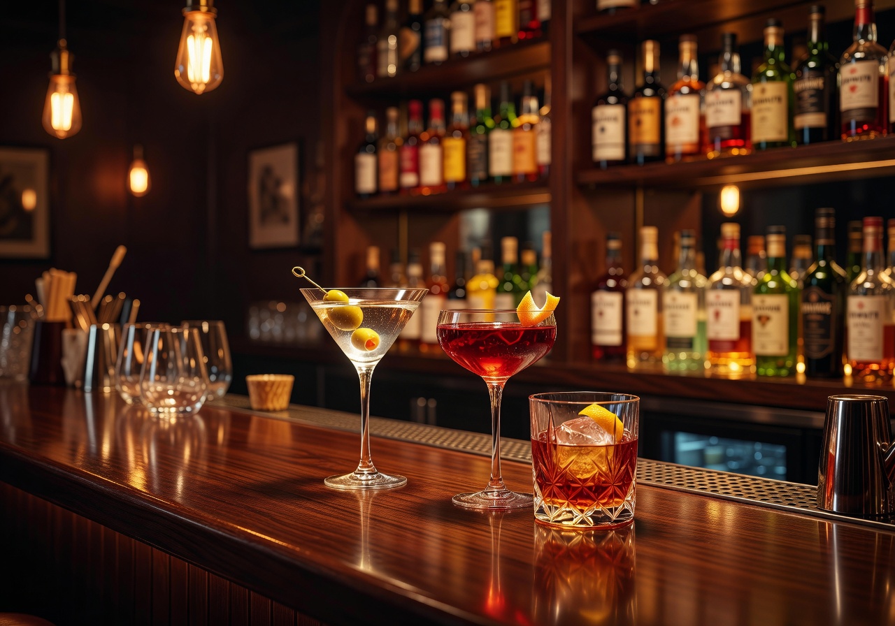Bar with cocktail glasses and warm lighting