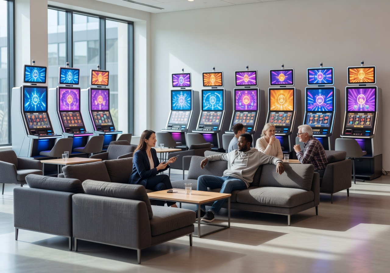 Bright modern slot machine lounge with social seating