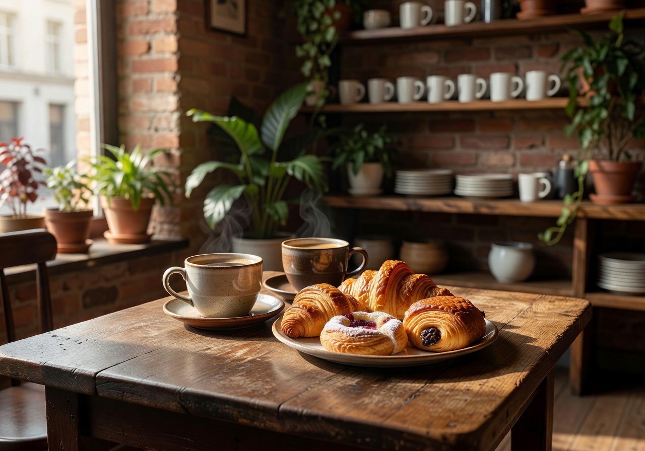 Cafe with coffee cups and pastries