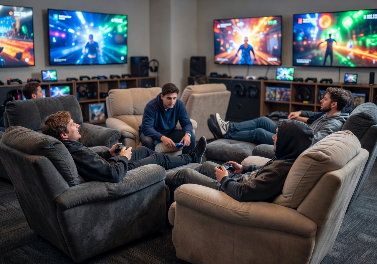 Casual gaming zone with comfortable lounge seats