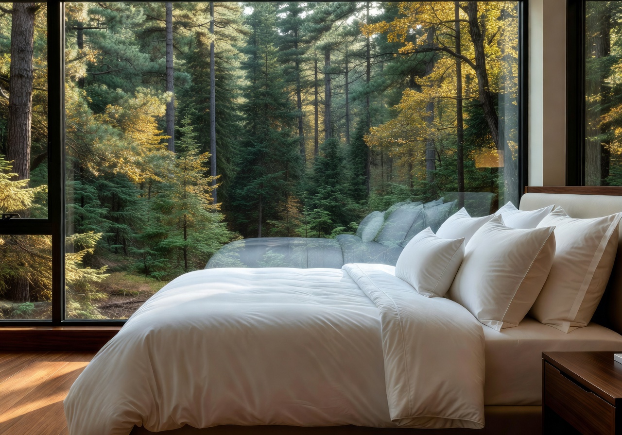 Deluxe Room featuring forest views and luxury bedding