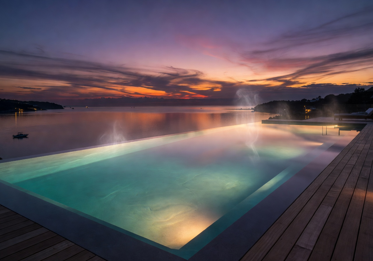 Heated infinity pool with calm reflections at dusk