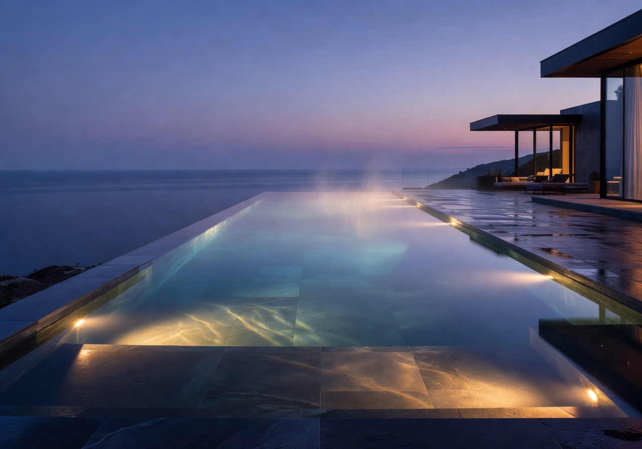 Heated infinity pool with calm water and warm lighting