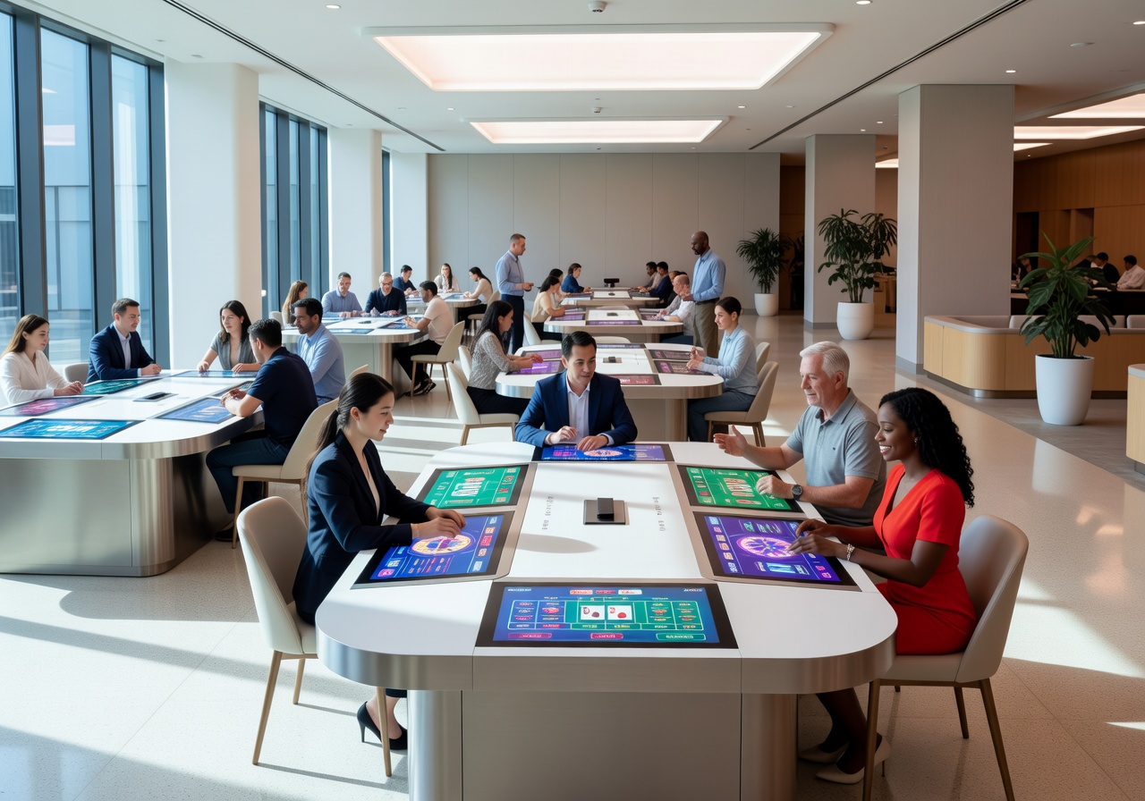 Modern bright casino floor with social gaming tables