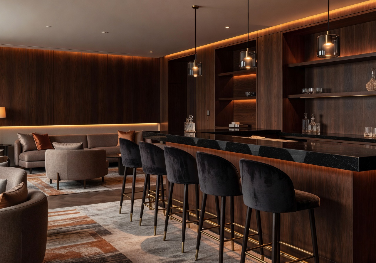 Stylish hotel lounge with ambient lighting and bar seating